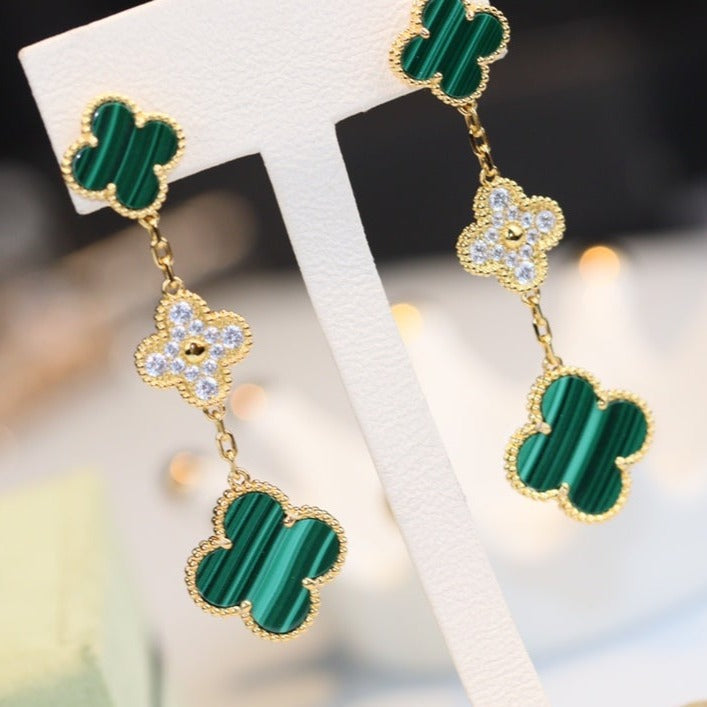 ⭐Miroze CLOVER EARRINGS GOLD MALACHITE DIAMOND 3 MOTIF