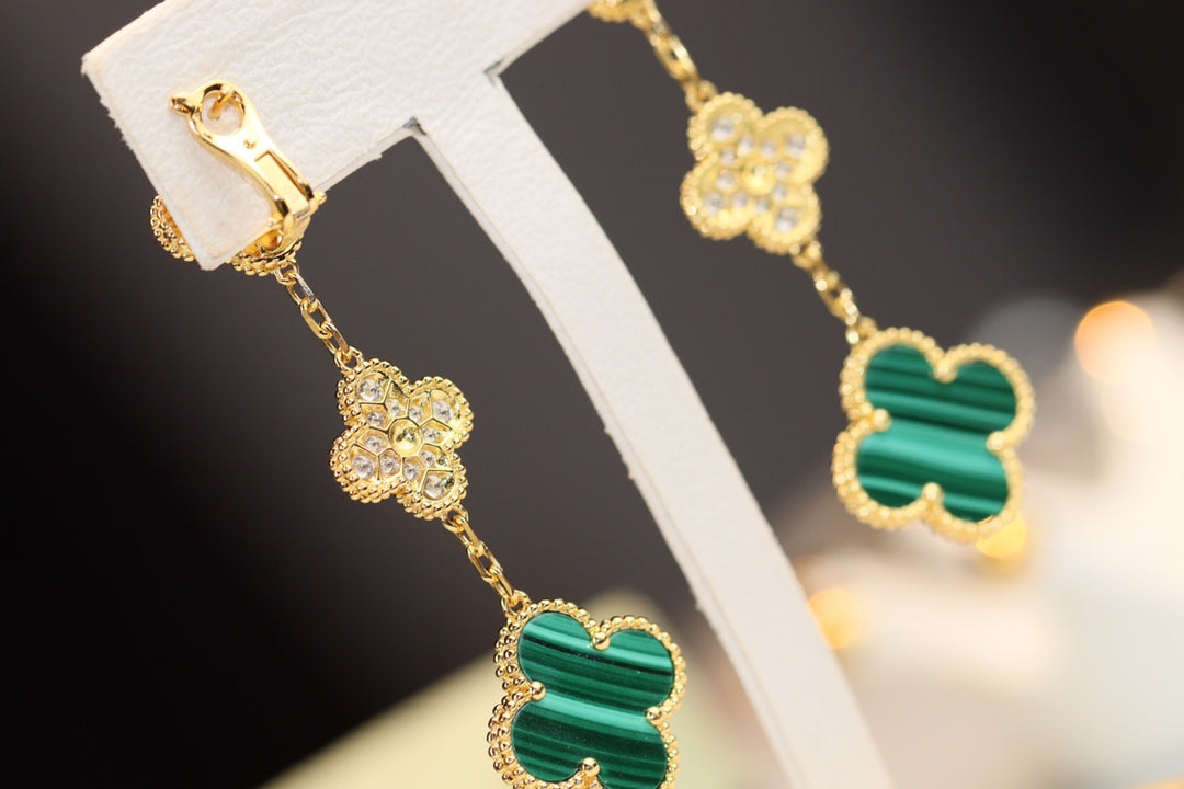 ⭐Miroze CLOVER EARRINGS GOLD MALACHITE DIAMOND 3 MOTIF