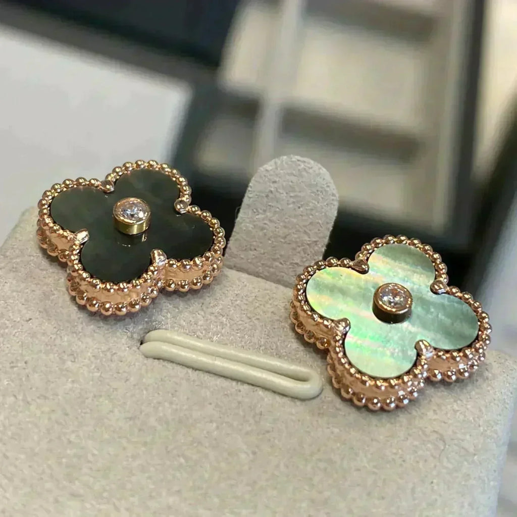⭐Miroze CLOVER MEDIUM 1 MOTIFS GRAY MOP  DIAMOND EARRINGS