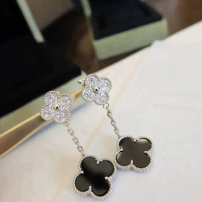 ⭐Miroze CLOVER 2 MOTIFS  DIAMOND ONYX EARRINGS SILVER