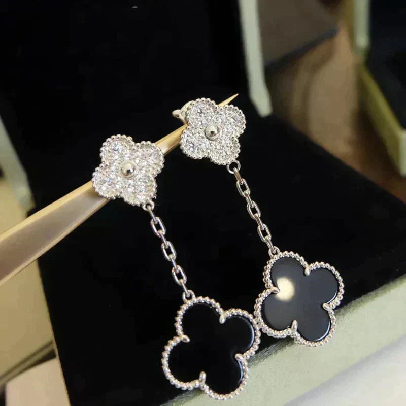 ⭐Miroze CLOVER 2 MOTIFS  DIAMOND ONYX EARRINGS SILVER