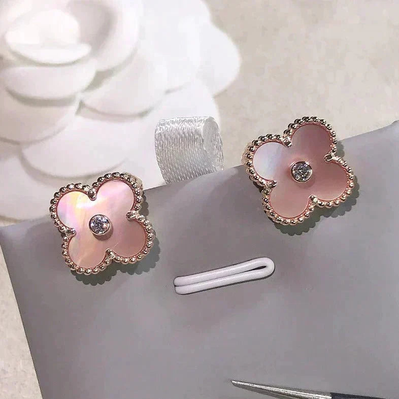 [⭐Miroze] CLOVER MEDIUM 1 MOTIFS  PINK MOP DIAMOND EARRINGS