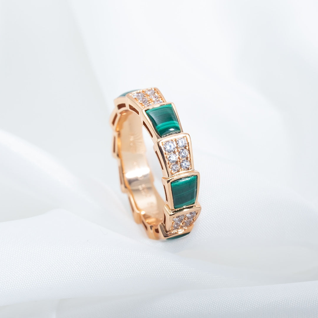[⭐Miroze]SERPENTI RING PINK GOLD MALACHITE DIAMOND PAVED 4MM