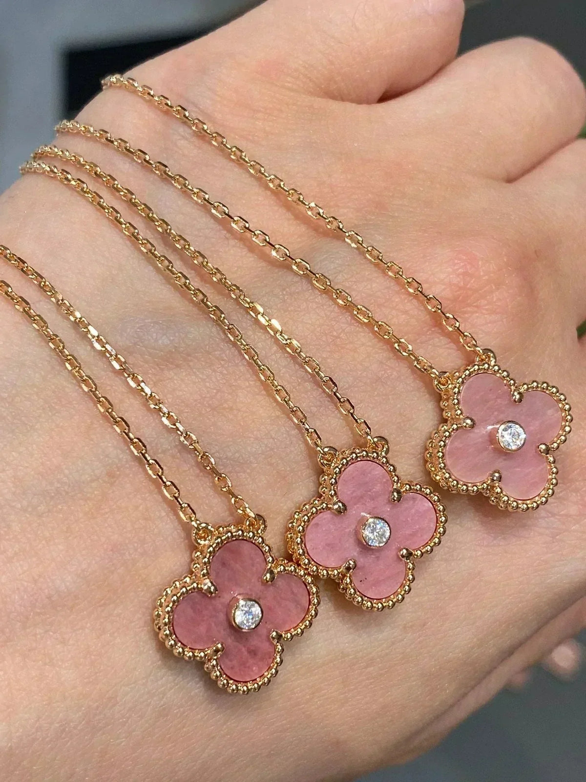 ⭐Miroze CLOVER 15MM DIAMOND RHODONITE NECKLACE