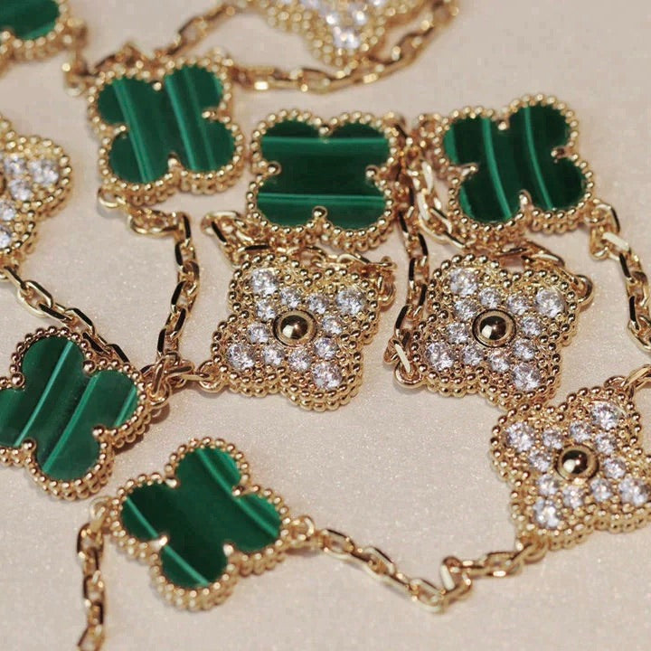 [⭐Miroze]CLOVER 20 MOTIFS MALACHITE DIAMOND NECKLACE