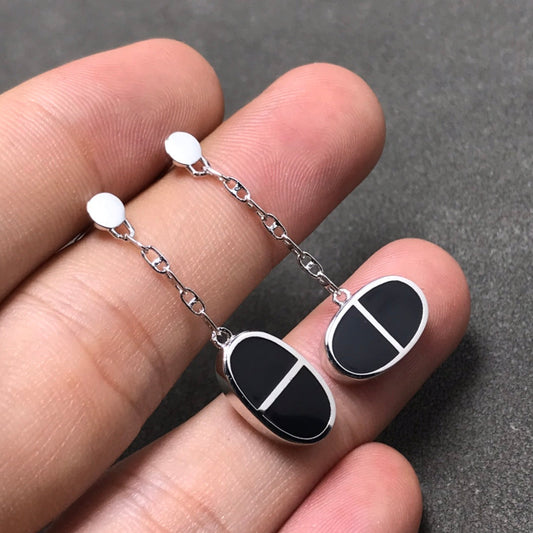 [⭐Miroze]CHAINE VERSO BLACK CERAMIC SILVER EARRINGS