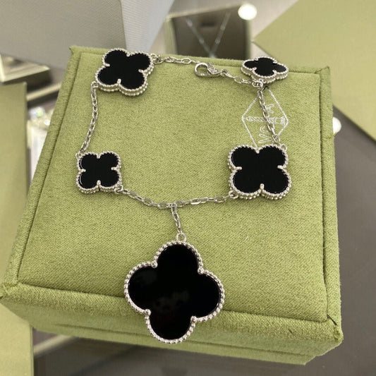 [⭐Miroze]CLOVER 5 MOTIFS SIVLER ONYX BRACELET