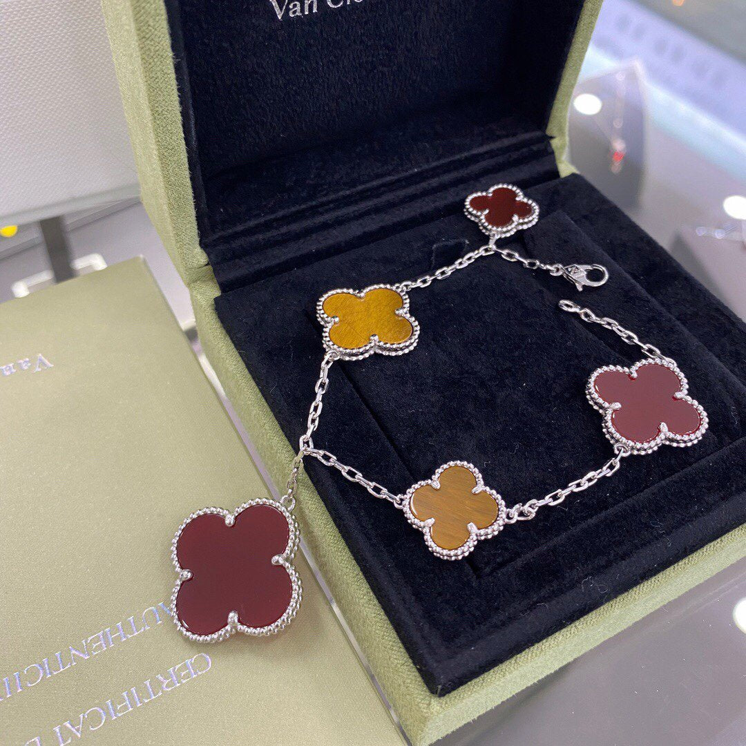 ⭐Miroze CLOVER 5 MOTIFS SIVLER CARNELIAN TIGER EYE BRACELET