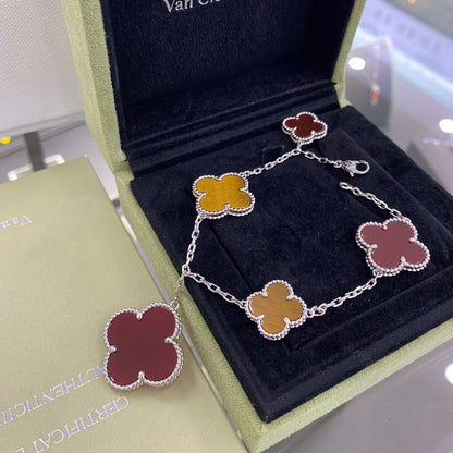 [⭐Miroze]CLOVER 5 MOTIFS SIVLER CARNELIAN TIGER EYE BRACELET