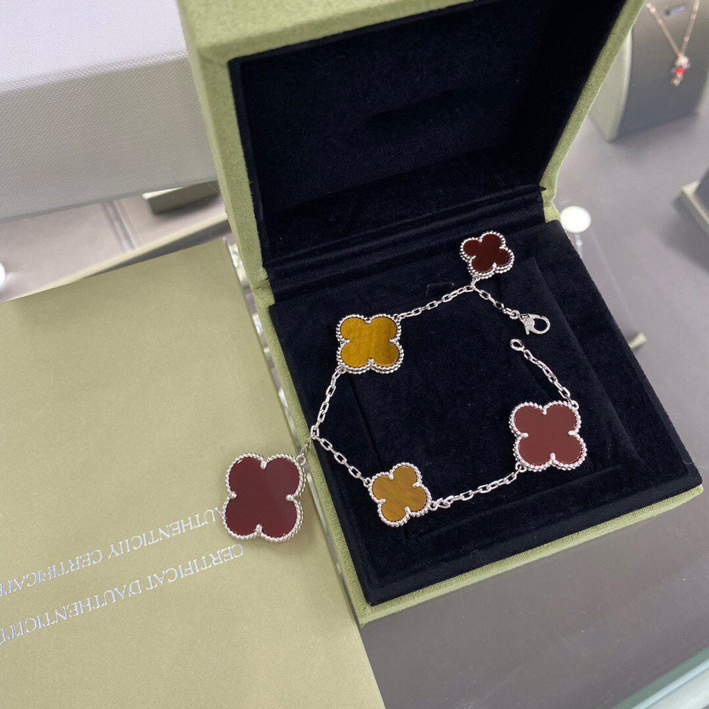 ⭐Miroze CLOVER 5 MOTIFS SIVLER CARNELIAN TIGER EYE BRACELET