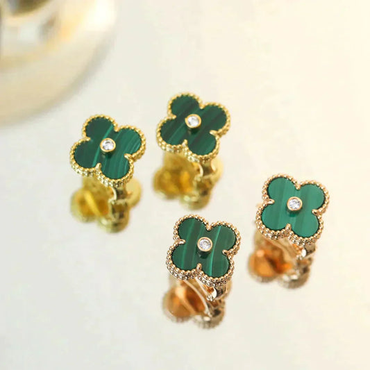 [⭐Miroze]CLOVER MEDIUM 1 MOTIFS MALACHITE DIAMOND EARRINGS