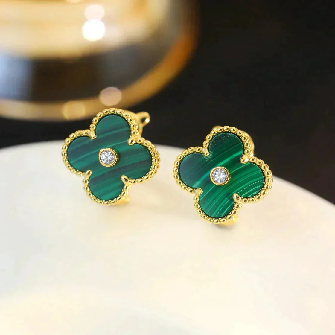 ⭐Miroze CLOVER MEDIUM 1 MOTIFS MALACHITE DIAMOND EARRINGS