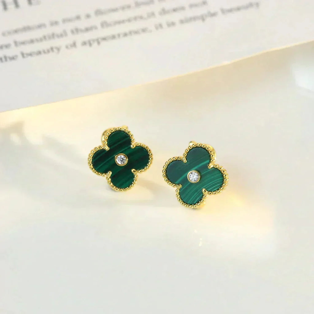 ⭐Miroze CLOVER MEDIUM 1 MOTIFS MALACHITE DIAMOND EARRINGS
