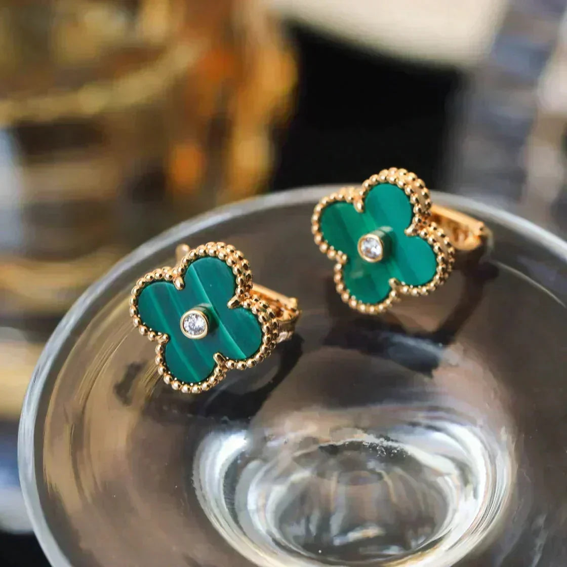 ⭐Miroze CLOVER MEDIUM 1 MOTIFS MALACHITE DIAMOND EARRINGS