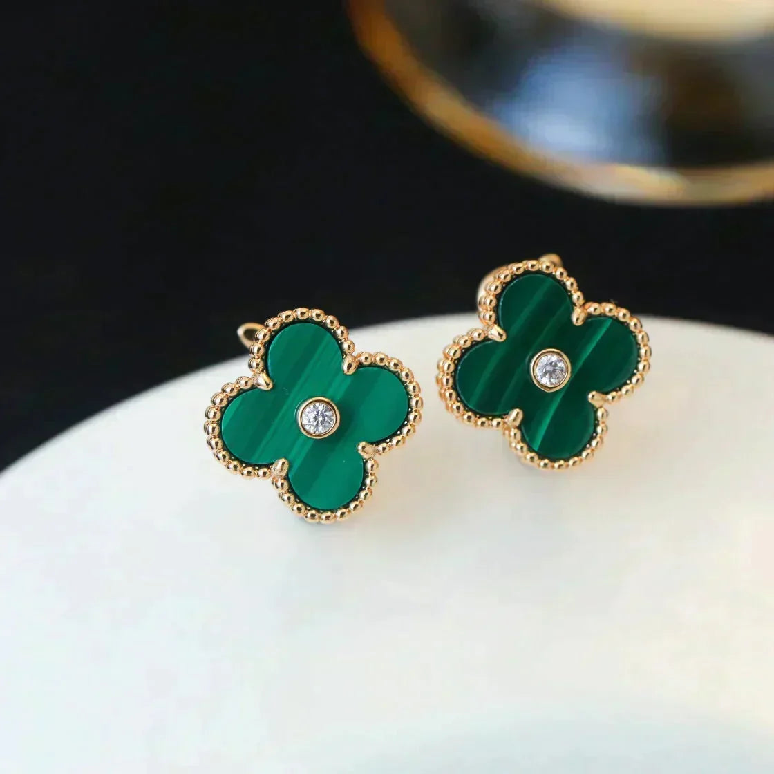 [⭐Miroze] CLOVER MEDIUM 1 MOTIFS MALACHITE DIAMOND EARRINGS