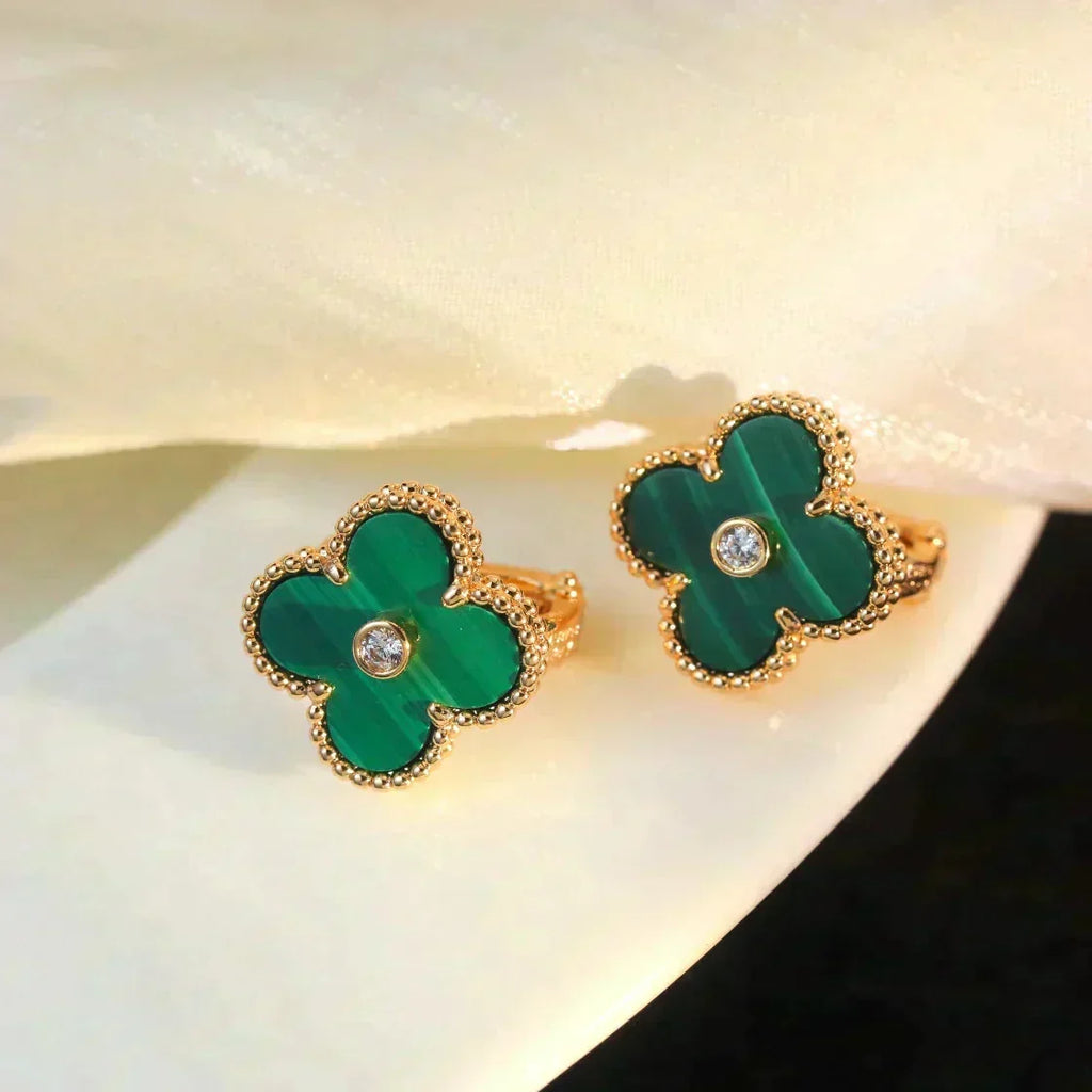 ⭐Miroze CLOVER MEDIUM 1 MOTIFS MALACHITE DIAMOND EARRINGS
