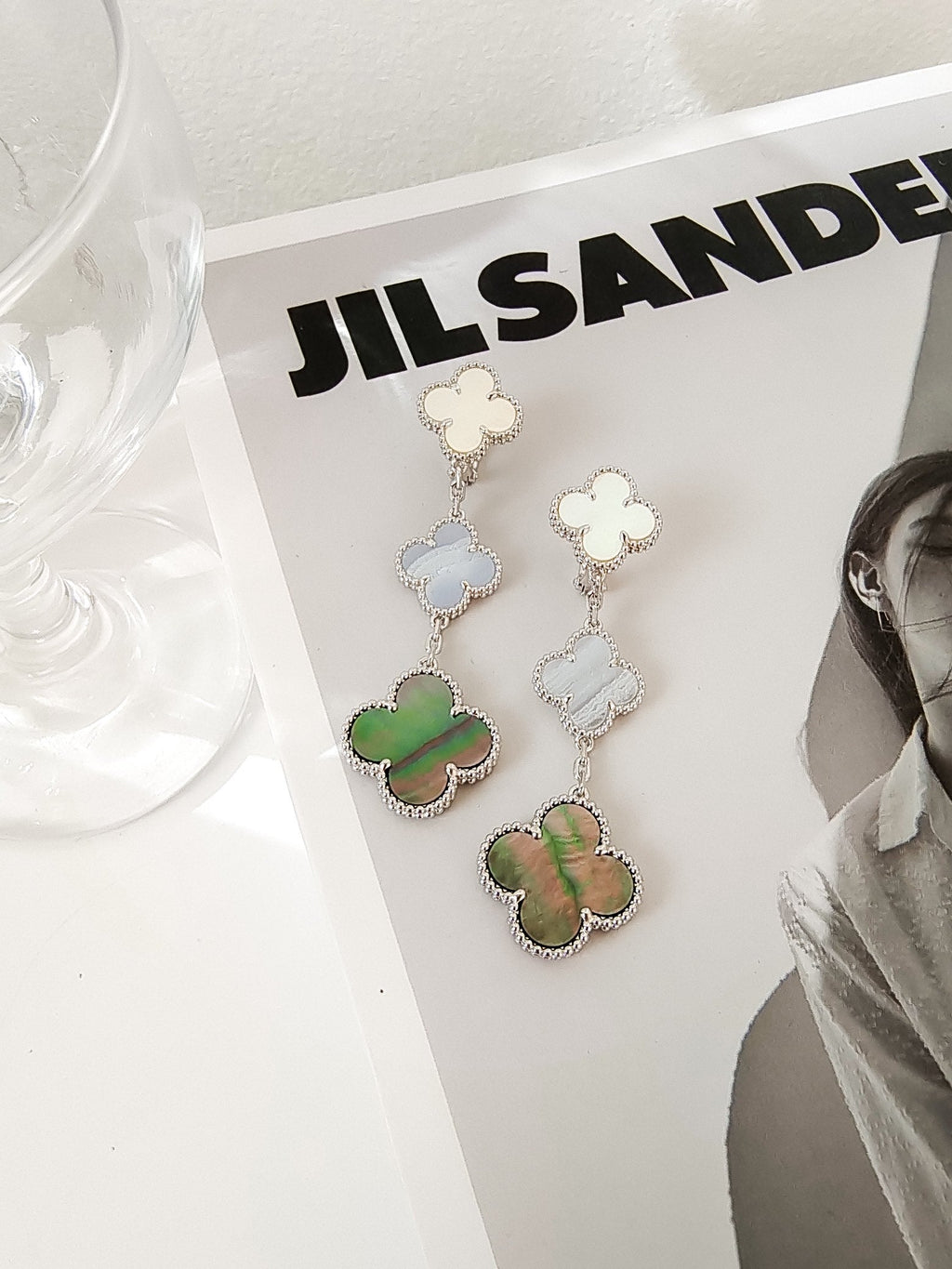 ⭐Miroze CLOVER 3 MOTIFS CHALCEDONY DARK MOP SILVER EARRINGS