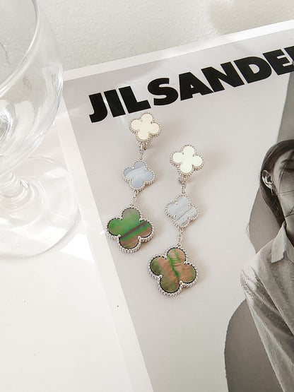 [⭐Miroze]CLOVER 3 MOTIFS CHALCEDONY DARK MOP SILVER EARRINGS