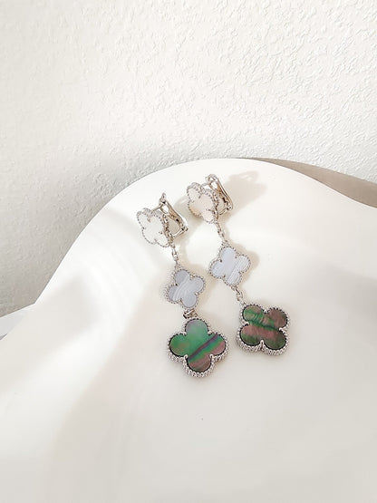 [⭐Miroze]CLOVER 3 MOTIFS CHALCEDONY DARK MOP SILVER EARRINGS