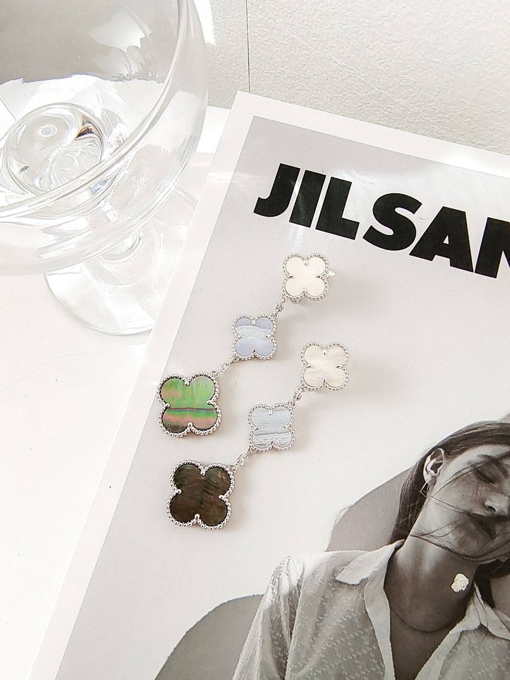 ⭐Miroze CLOVER 3 MOTIFS CHALCEDONY DARK MOP SILVER EARRINGS