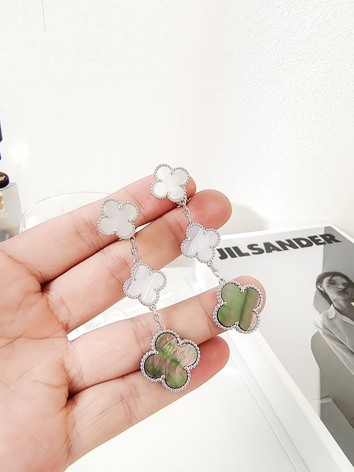 ⭐Miroze CLOVER 3 MOTIFS CHALCEDONY DARK MOP SILVER EARRINGS