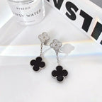 ⭐Miroze CLOVER 2 MOTIFS  DIAMOND ONYX EARRINGS SILVER