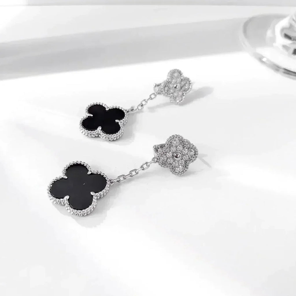 ⭐Miroze CLOVER 2 MOTIFS  DIAMOND ONYX EARRINGS SILVER