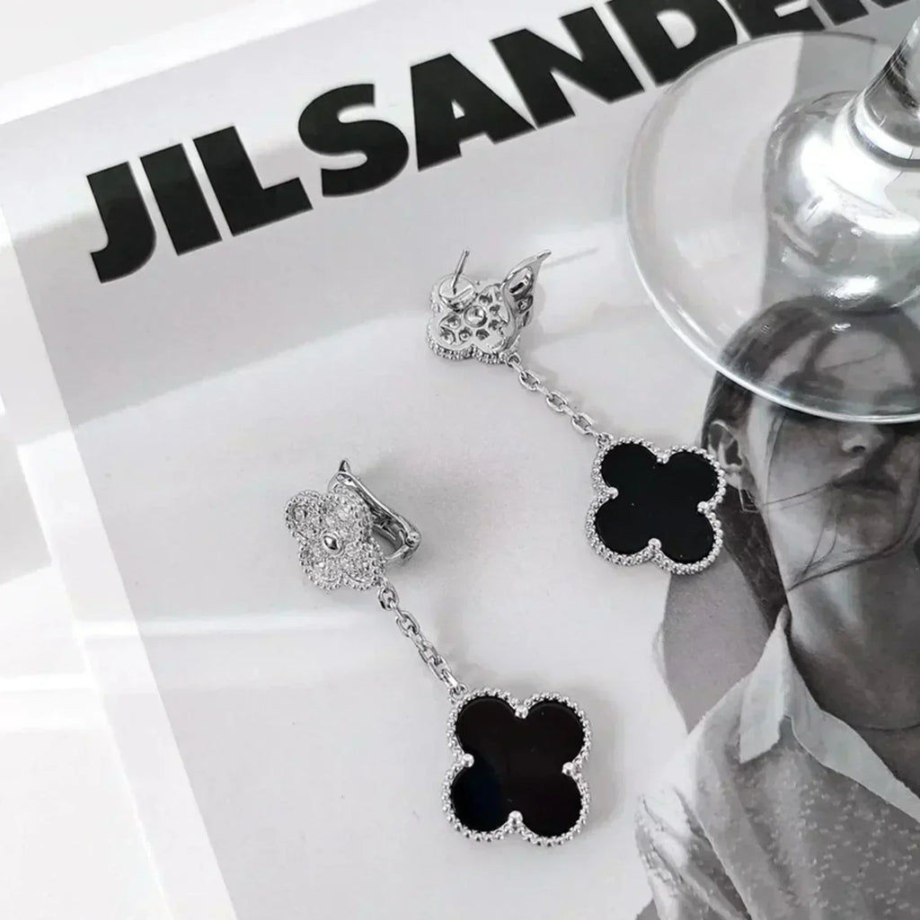 ⭐Miroze CLOVER 2 MOTIFS  DIAMOND ONYX EARRINGS SILVER