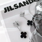 ⭐Miroze CLOVER 2 MOTIFS  DIAMOND ONYX EARRINGS SILVER