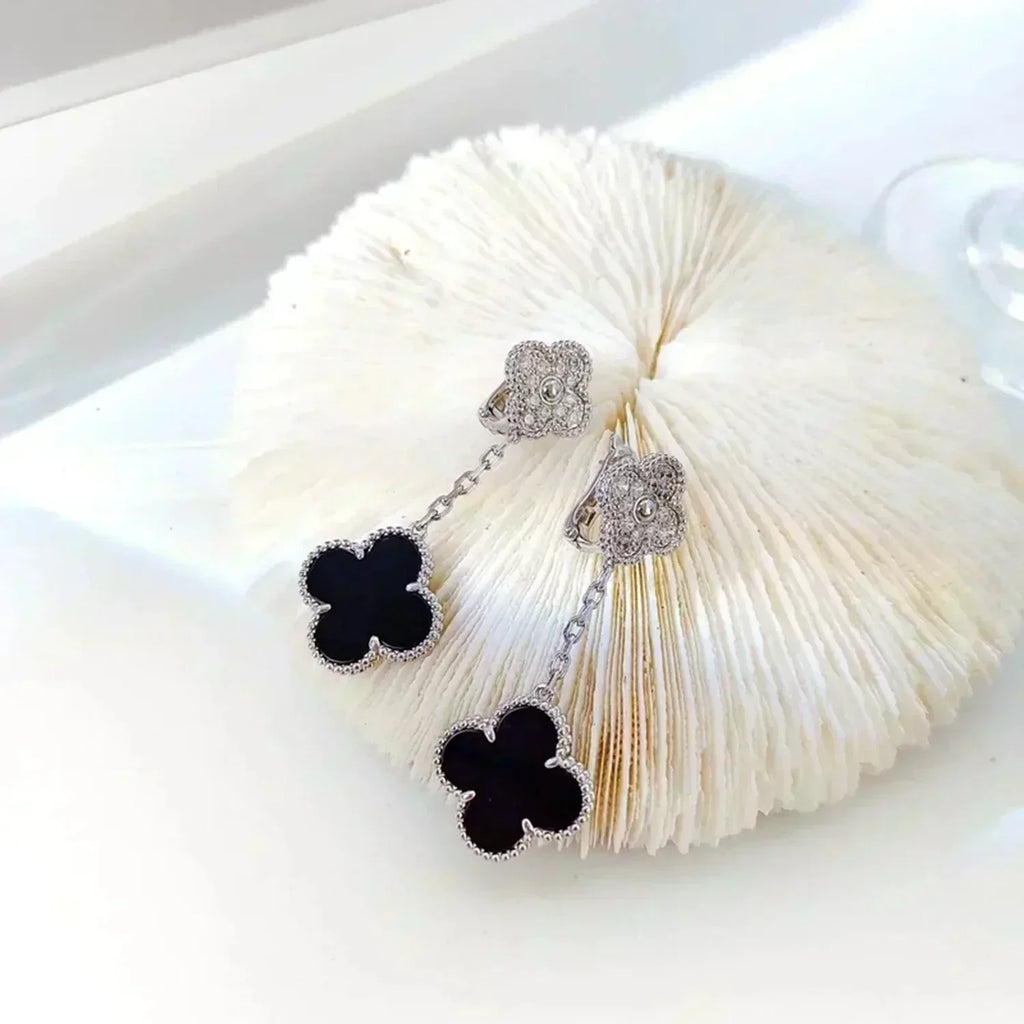 ⭐Miroze CLOVER 2 MOTIFS  DIAMOND ONYX EARRINGS SILVER