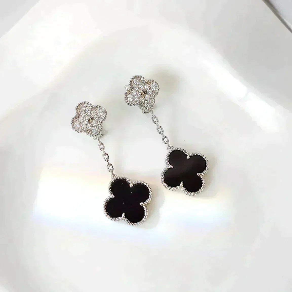 ⭐Miroze CLOVER 2 MOTIFS  DIAMOND ONYX EARRINGS SILVER