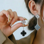 ⭐Miroze CLOVER 2 MOTIFS  DIAMOND ONYX EARRINGS SILVER