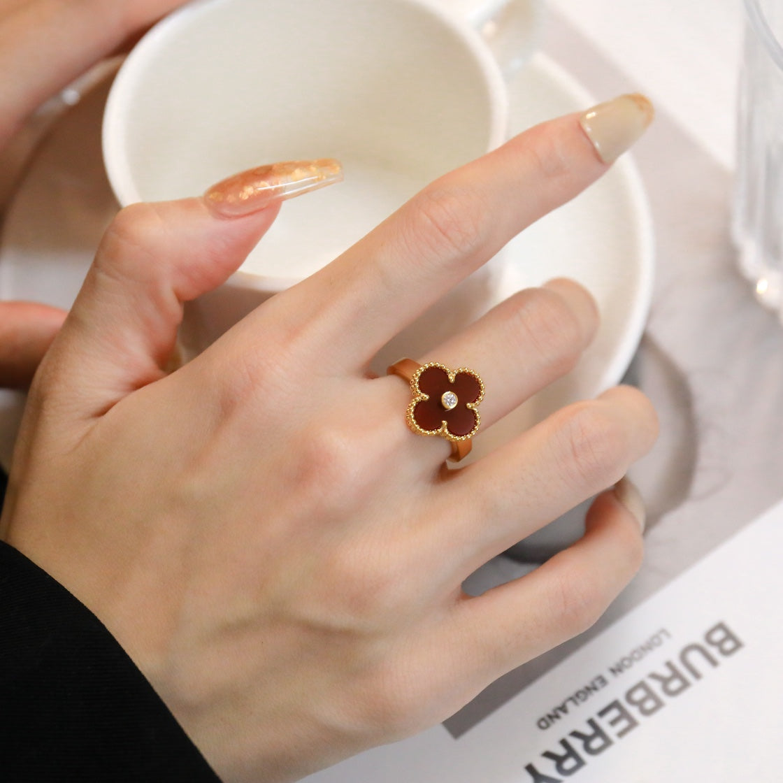 ⭐Miroze CLOVER CARNELIAN RING ROSE GOLD DIAMOND