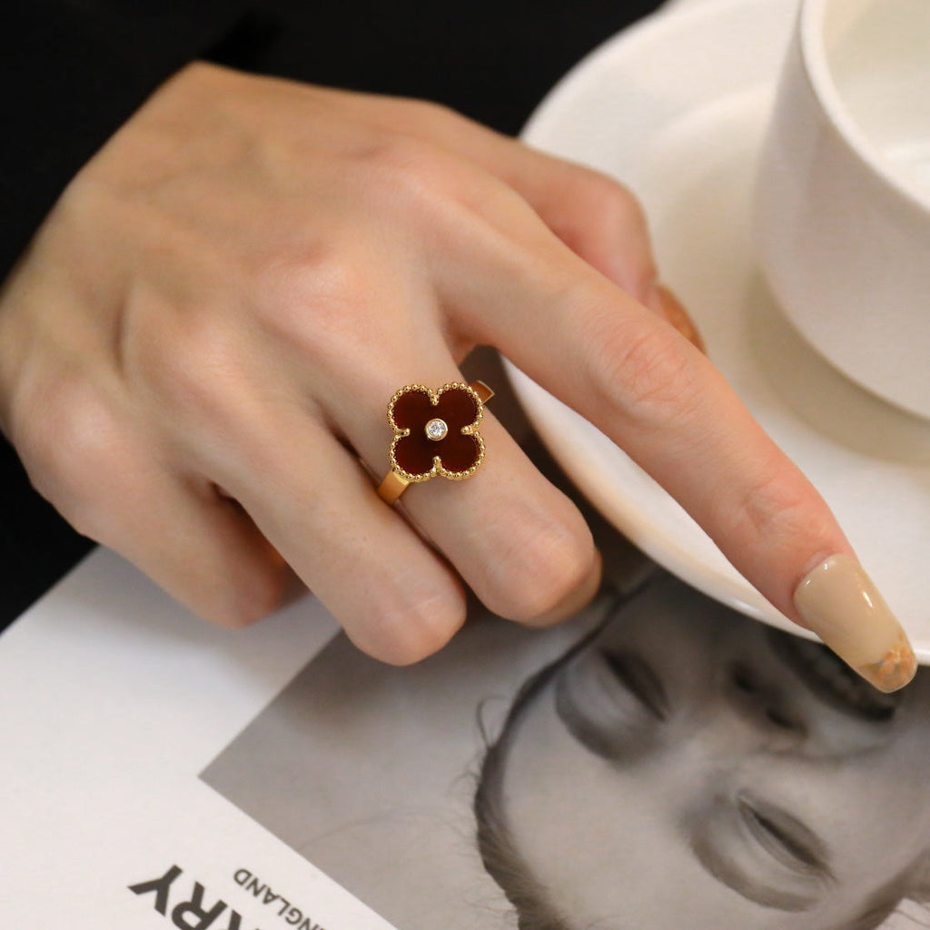⭐Miroze CLOVER CARNELIAN RING ROSE GOLD DIAMOND
