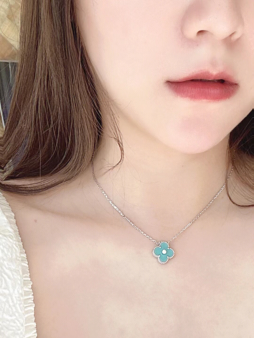 [⭐Miroze]CLOVER 1 DIAMOND LIGHT BLUE SILVER NECKLACE