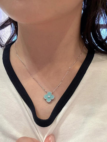 [⭐Miroze]CLOVER 1 DIAMOND LIGHT BLUE SILVER NECKLACE