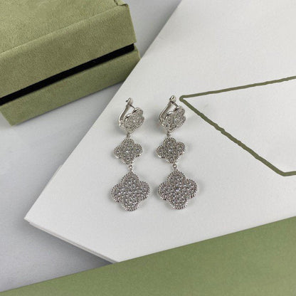 [⭐Miroze] CLOVER 3 MOTIF DIAMOND SILVER DROP EARRINGS