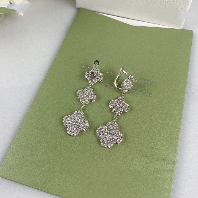 ⭐Miroze CLOVER 3 MOTIF DIAMOND SILVER DROP EARRINGS