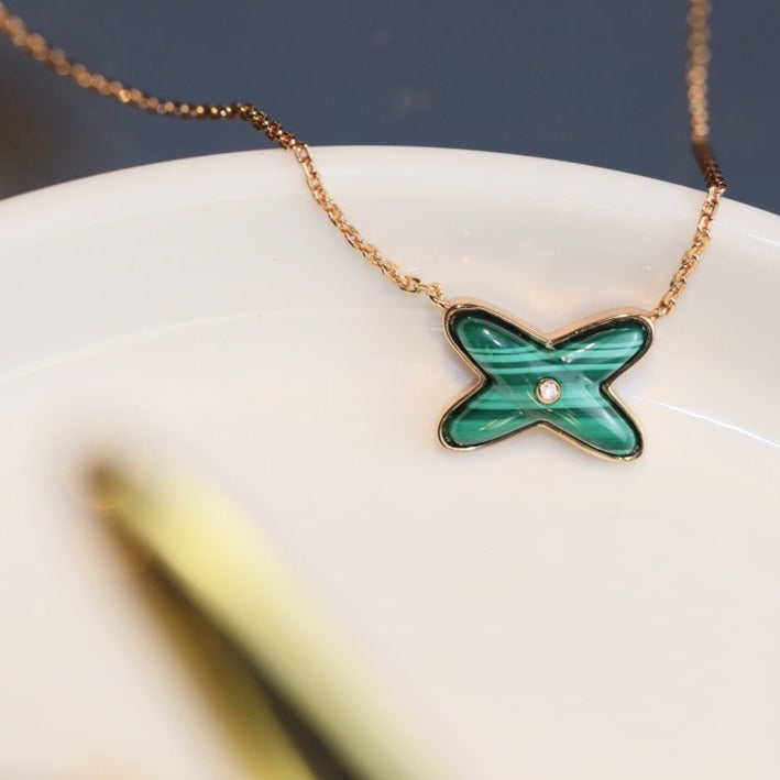 [⭐Miroze]JEUX MALACHITE 1 DIAMOND PINK GOLD NECKLACE