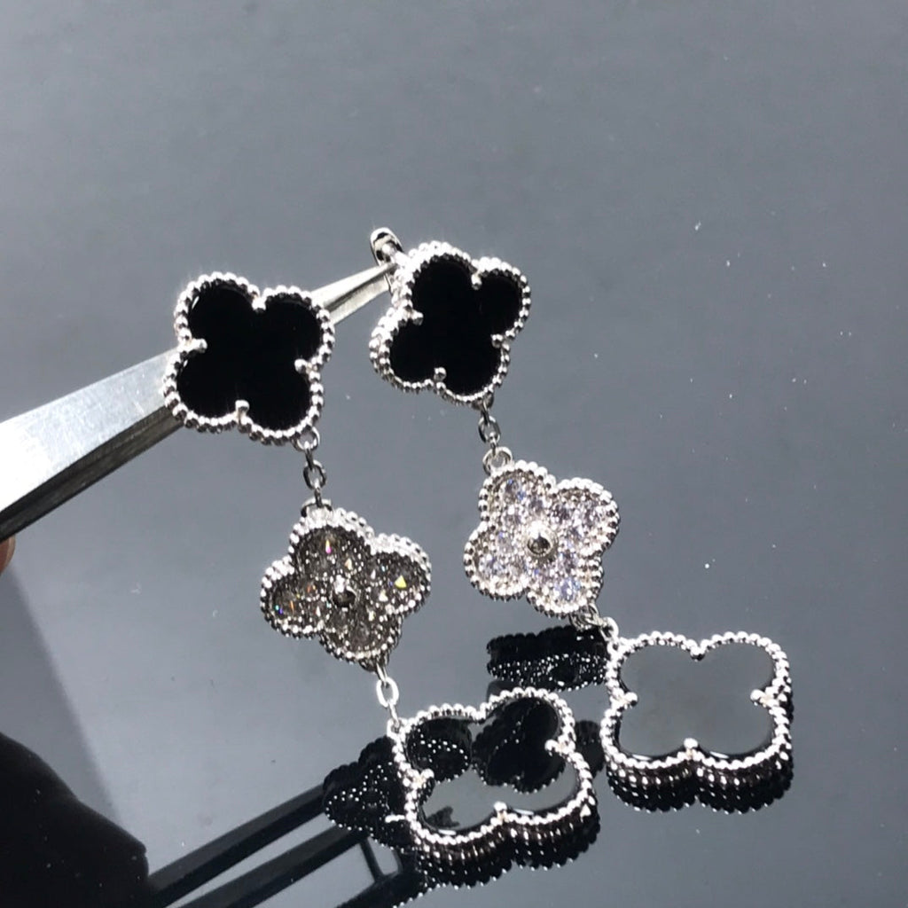 ⭐Miroze CLOVER 3 MOTIF DIAMOND ONYX SILVER EARRINGS