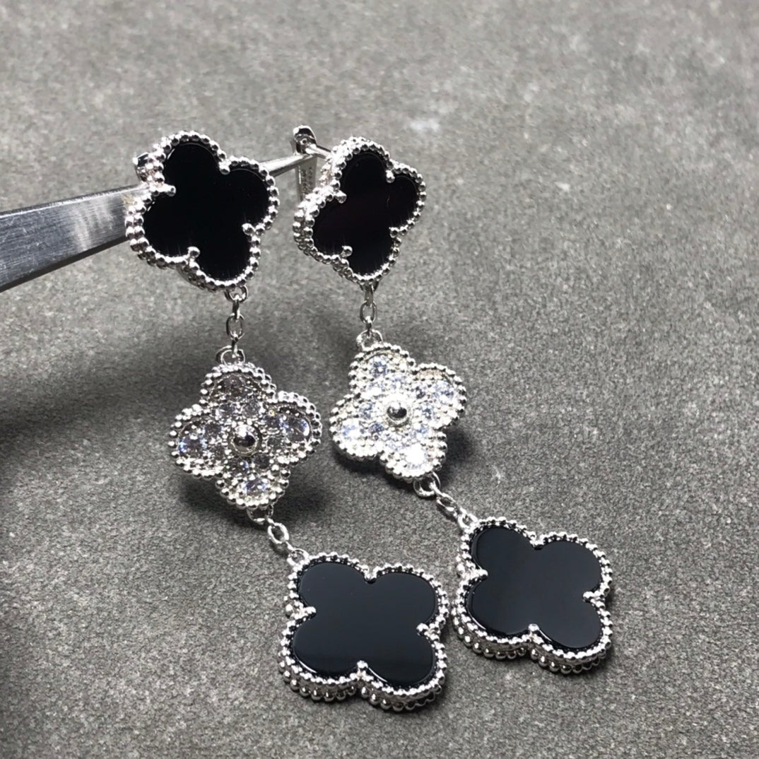 [⭐Miroze]クローバー 3モチーフ ダイヤモンド オニキス シルバーピアス
