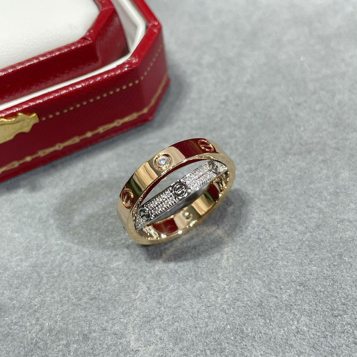 [⭐Miroze]LOVE PINK GOLD SILVER DIAMOND DOUBLE RING
