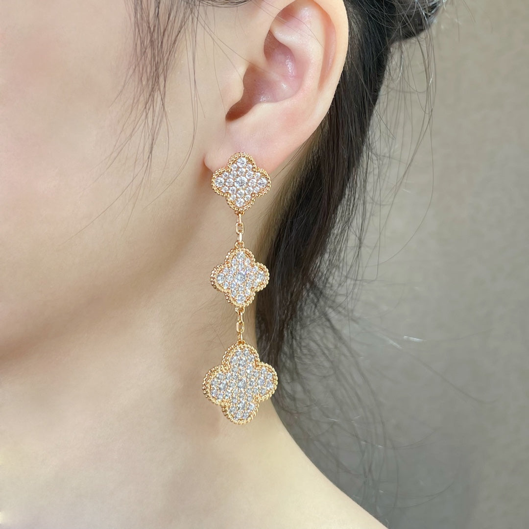 [⭐Miroze]CLOVER 3 MOTIFS DIAMOND PAVED ROSE GOLD EARRINGS