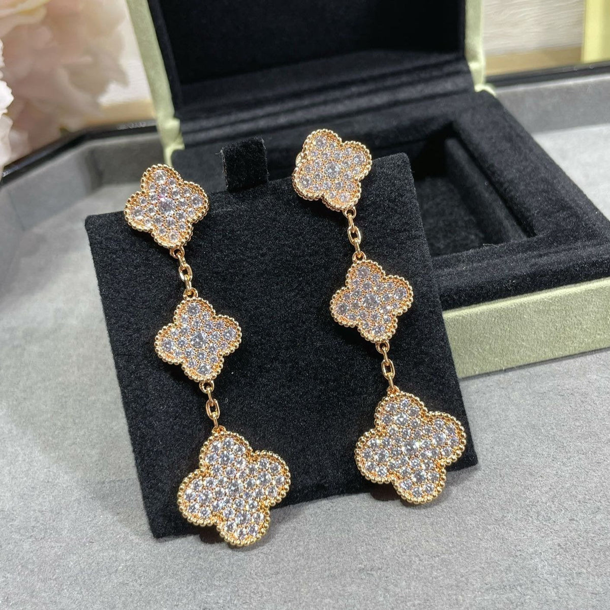 ⭐Miroze CLOVER 3 MOTIFS DIAMOND PAVED ROSE GOLD EARRINGS