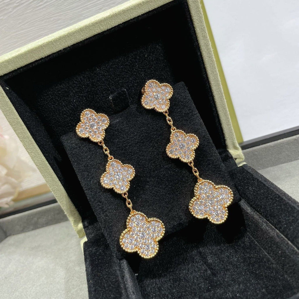 ⭐Miroze CLOVER 3 MOTIFS DIAMOND PAVED ROSE GOLD EARRINGS