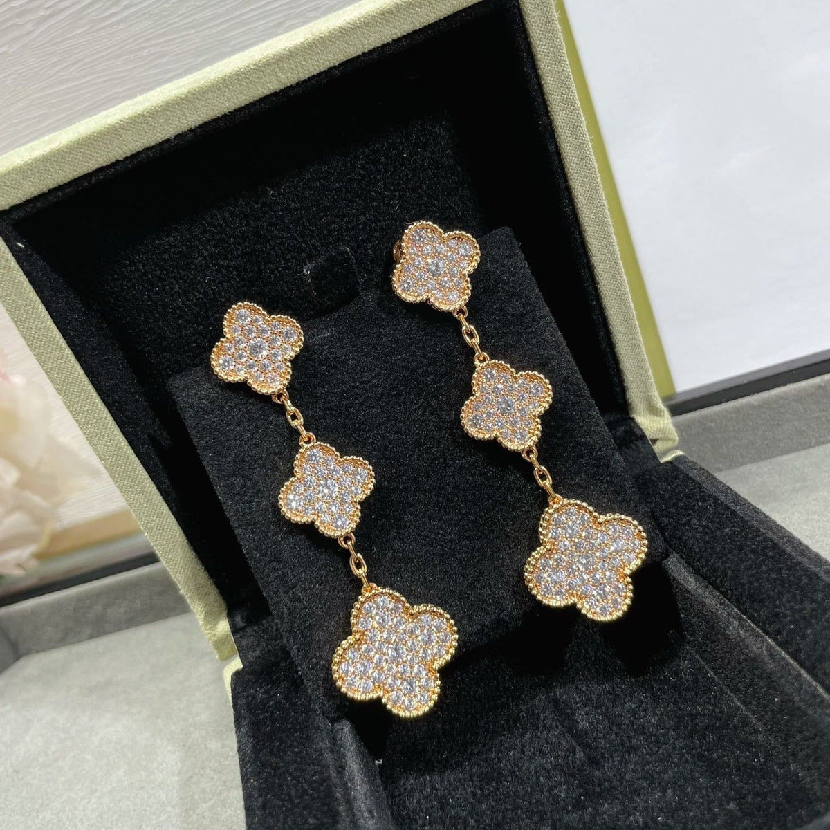 ⭐Miroze CLOVER 3 MOTIFS DIAMOND PAVED ROSE GOLD EARRINGS