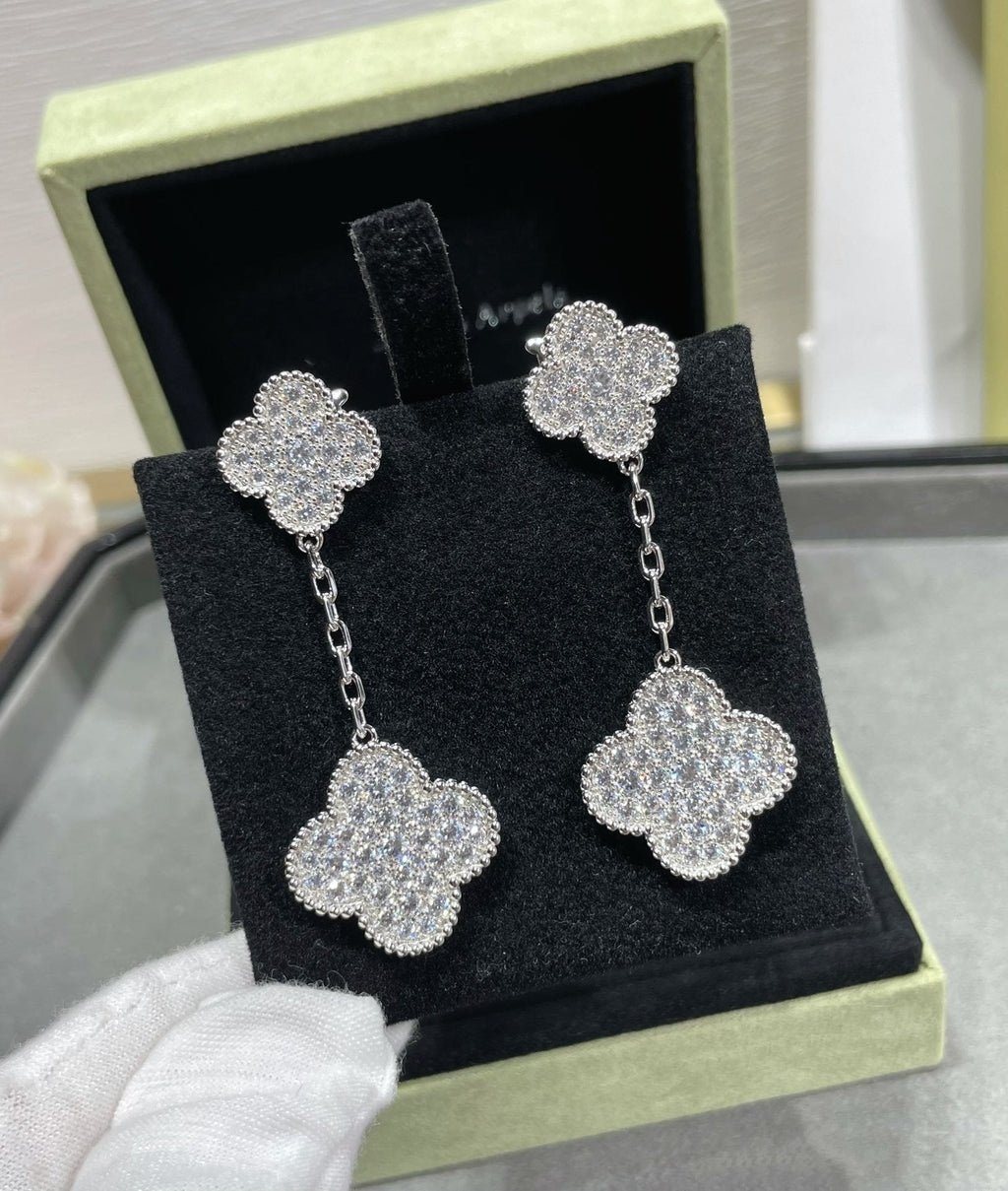 ⭐Miroze CLOVER 2 MOTIFS DIAMOND PAVED SILVER EARRINGS