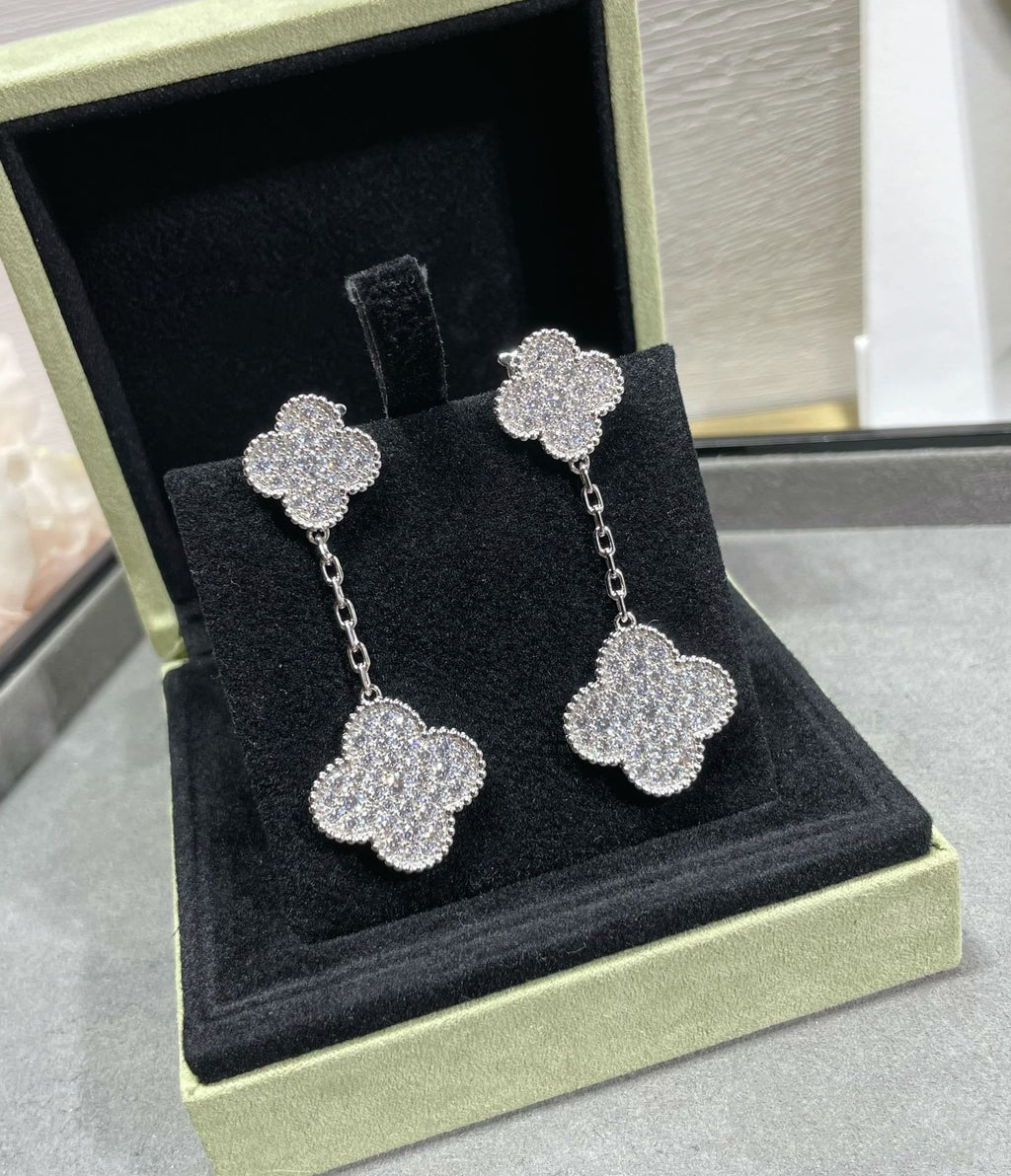 ⭐Miroze CLOVER 2 MOTIFS DIAMOND PAVED SILVER EARRINGS
