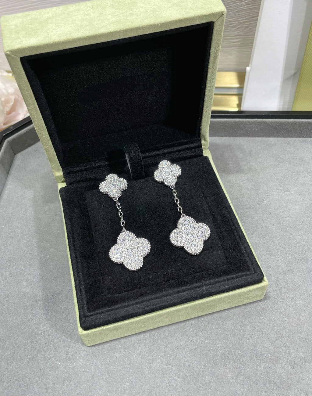 ⭐Miroze CLOVER 2 MOTIFS DIAMOND PAVED SILVER EARRINGS