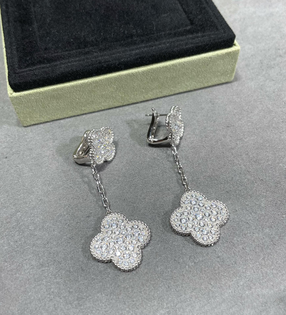 ⭐Miroze CLOVER 2 MOTIFS DIAMOND PAVED SILVER EARRINGS